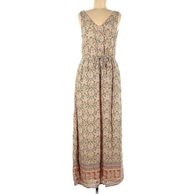 Lucky Brand Maxi Dress Womens Medium Light Brown Floral Elastic Waist Sleeveless