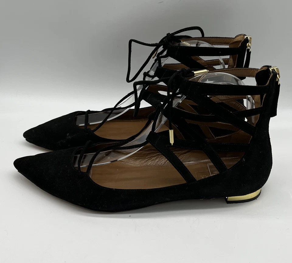 Aquazzura Negro Gamuza Punta Punta Con Cordones Plano con Tacón Tono Dorado talla 39.5 Foto 3 de 4