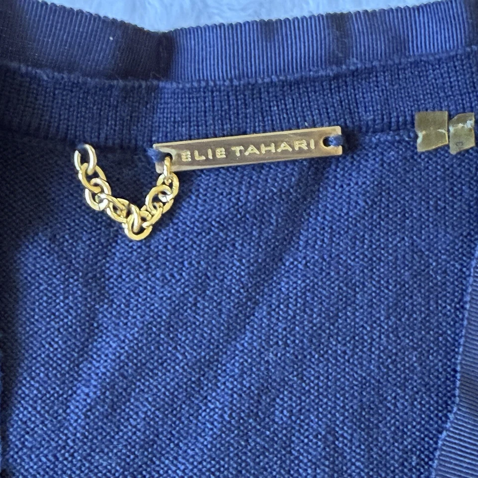 Elie Tahari Cardigan S Merino Wool V Neck Ruffles Sparkle Crochet Long Sleeve - Image 2 of 4