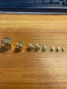 Lot of 8 Cylidrical Brass Weights -- 1,2(2),5,10(2), 20, and 50 gram weights