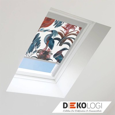 Sichtschutzrollo für Roto Dachfenster Vögel und Blüten weiß B-089
