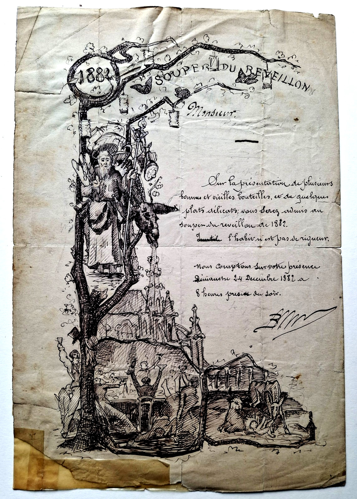 1882 Antique Drawing - New Year's Eve DINNER INVITATION Project