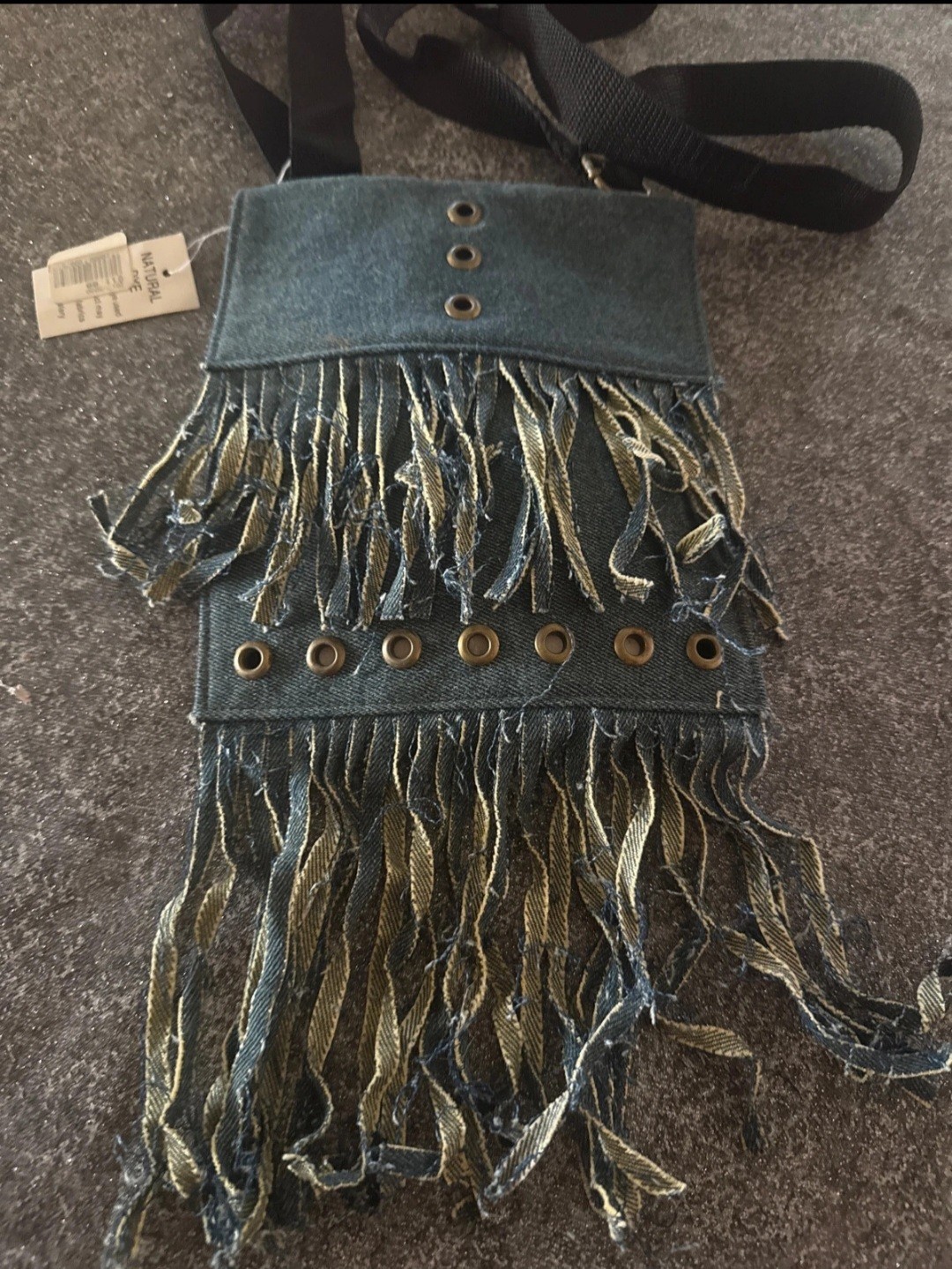 Natural Life Blue Fringe Crossbody Bag for Women, Black Strap, Bronze Hardware