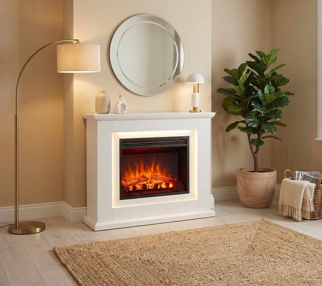 Electric Fireplace Suite 39"" LED Flame Effect Heater Remote Control White Modern