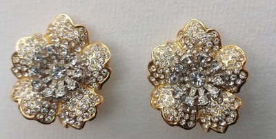 Vintage Ohrringe BIJOUX CASCIO Florenz - Blumenclip mit Pavé Kristallen Gold