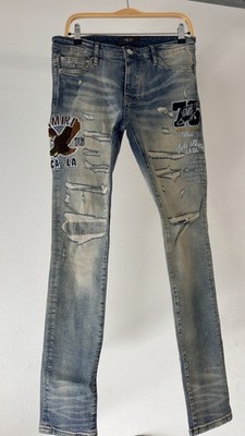 AMIRI Men's Skinny Slim Fit Blue Light Wash Distressed Jeans Embroidered