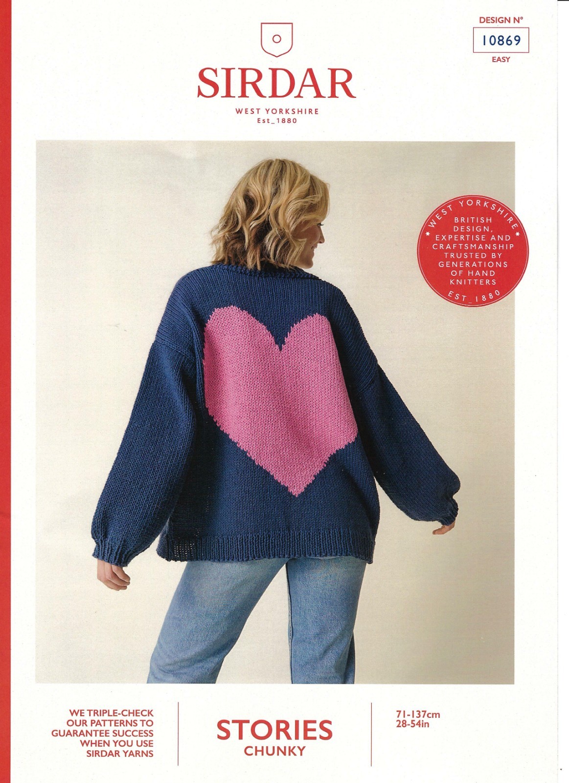 Sirdar Chunky Knitting Pattern - 10869 Ladies Heart Motif Cardigan (28-54ins)