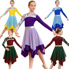 Girls Dancewear Long Sleeve Dress Festival Costume Overlay Color Block Praise