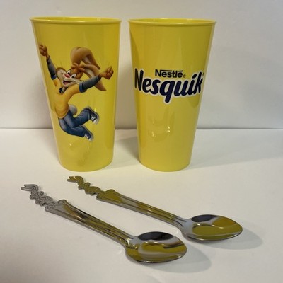 2 Nestle Rabbit Spoons 7 3/8  & 2 Cups /Tumblers /Glasses NesQuik 6 3/8 
