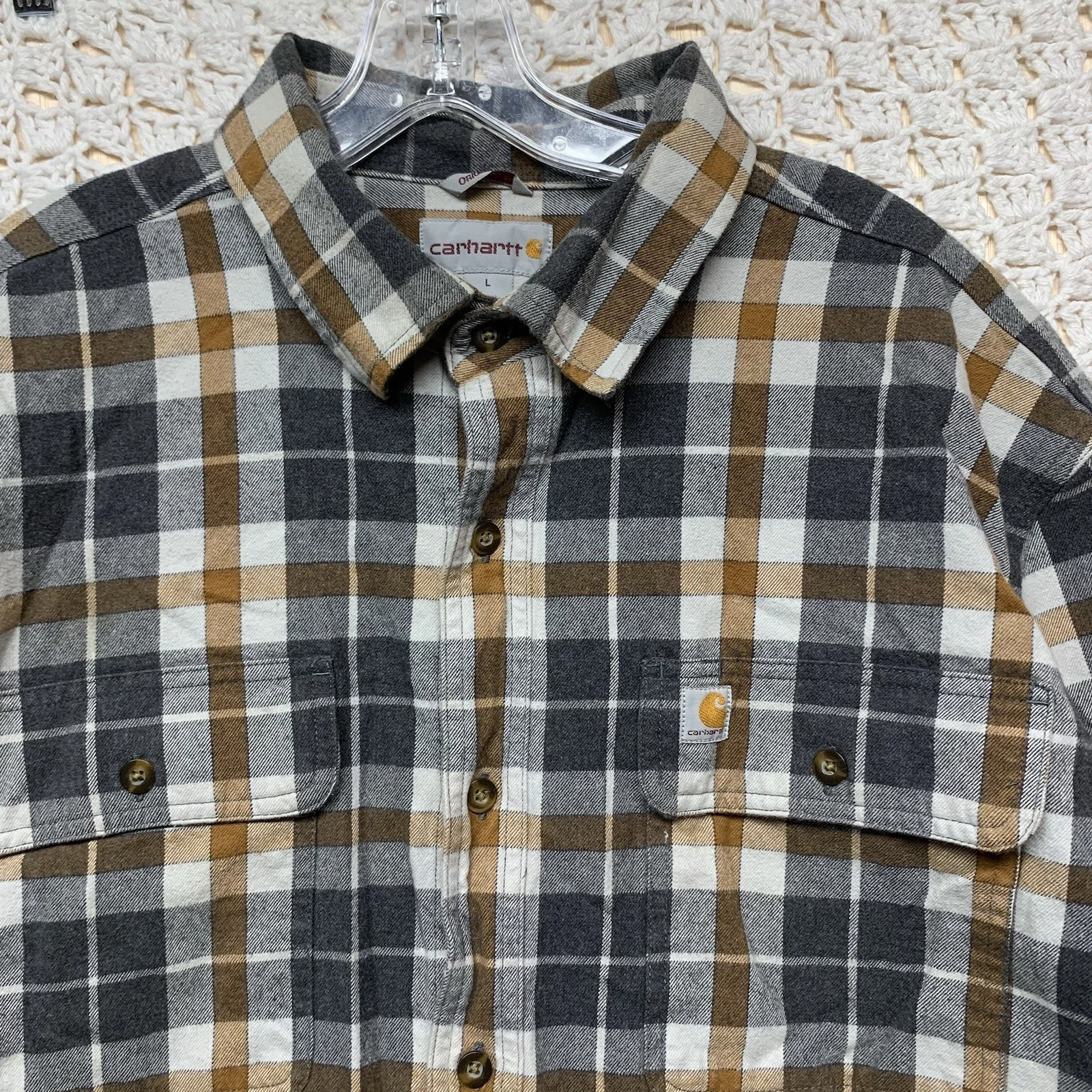 Carhartt Flannel Shirt Mens L Regular Fit Gray Brown Plaid Long Sleeve Outdoor