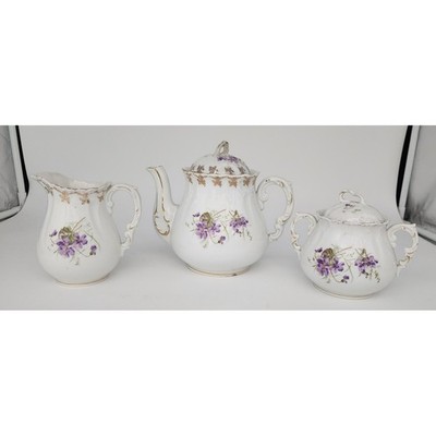 Vtg KPM Germany Porcelain Tea Set White Violets Gold 3pc Floral PLEASE READ
