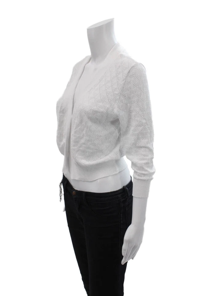 Suéter cárdigan recortado frente abierto tejido Cielo para mujer blanco liso talla S Foto 2 de 4