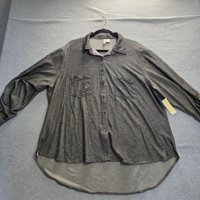 Passport Women 3X Black Roll Tab Sleeve Button Up Shirt High Low Hem B3845X