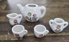 Vintage 1960s Japanese Miniature Childs Tea Set 5 Pc Floral Green  Orange Japan