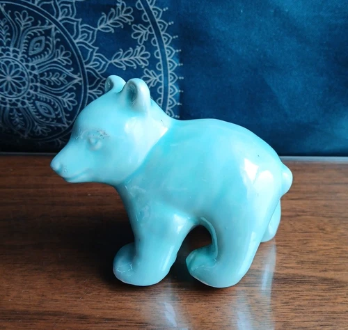 Vtg.Shawnee Pottery Miniture Bear Cub Figurine Turquoise/Blue/Aqua Glaze