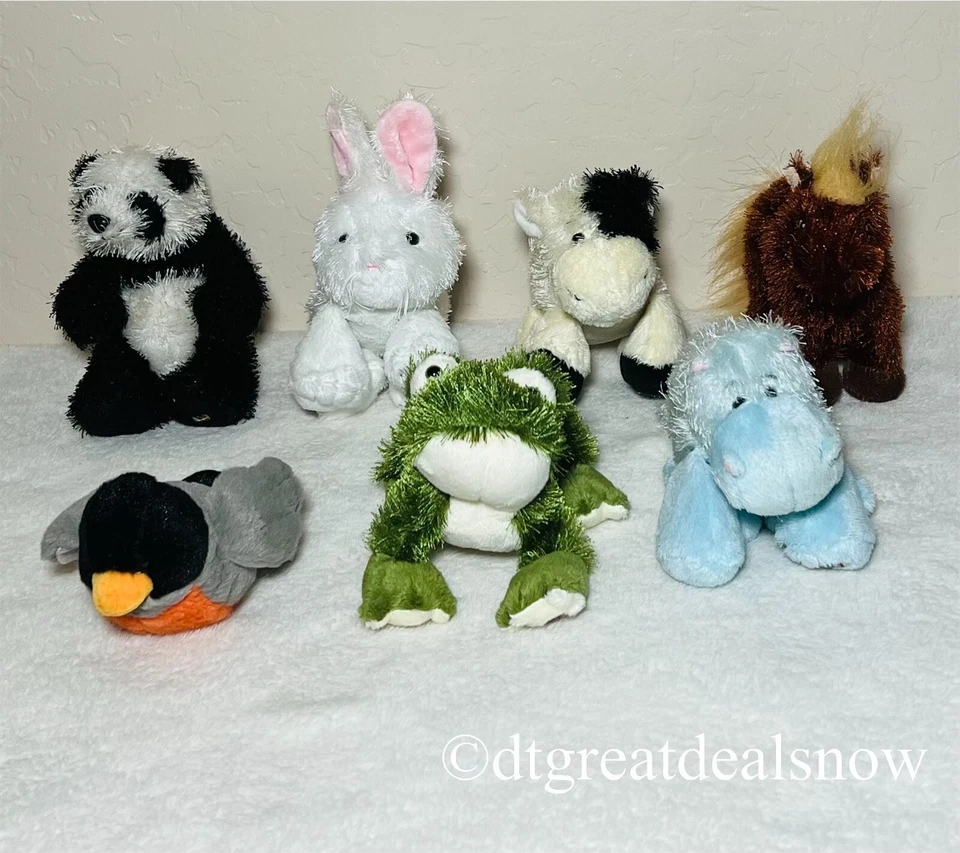 Ganz Lil' Kinz Stuffed Animals Lot of 7 Robin Panda Frog Rabbit Horse Cow Hippo - Image 2 of 4