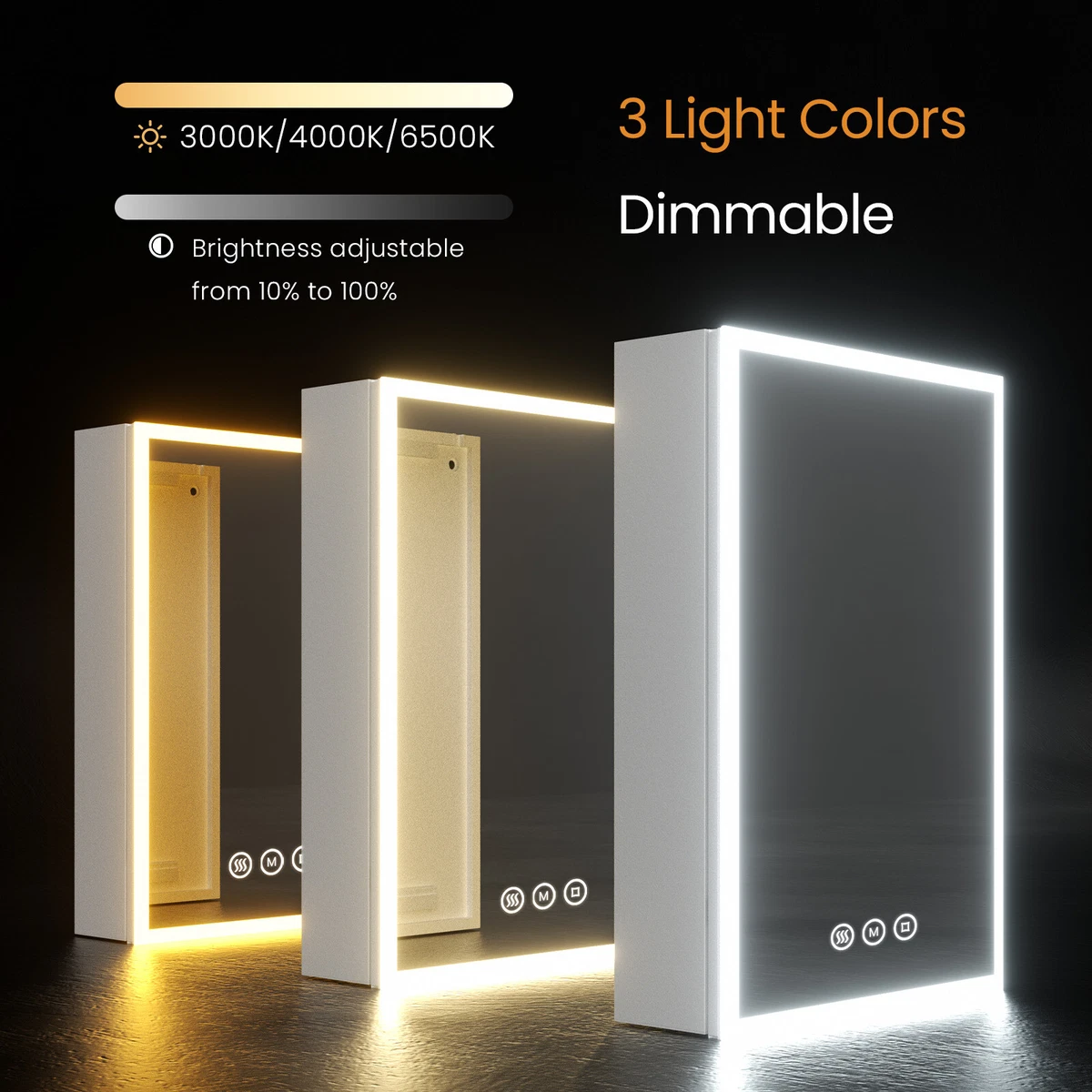 Bathroom Cabinet Mirror 3 LED Lights Shaver Socket Demister Pad with Storage