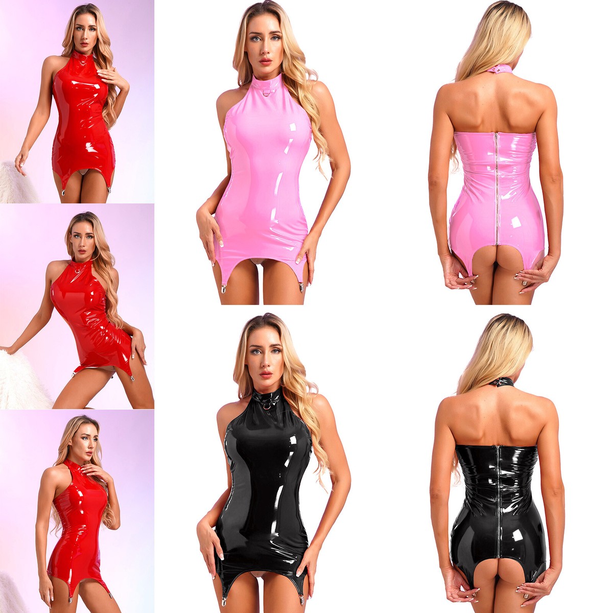 Women Bodycon Garter Belt Metal Clips Wet Look Dress Sexy Faux Leather Halter | eBay Women Bodycon Garter Belt Metal Clips Wet Look Dress Sexy Faux Leather Halter | eBay