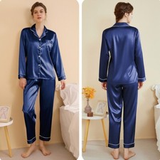 Womens Ladies Satin Long Sleeve Pajamas Set Dressing Gown Pjs Loungewear Pyjamas