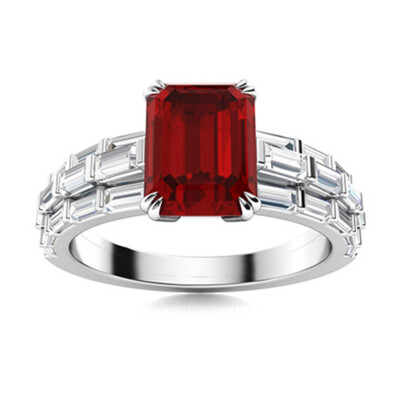 Double Prong Set 7X5 MM Radiant Cut Garnet 925 Sterling Silver Side Accents Ring