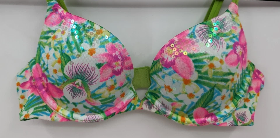 Sujetador Victoria's Secret 32A Multicolor Floral Tropical Lentejuelas Push Up Muy Sexy Foto 3 de 4