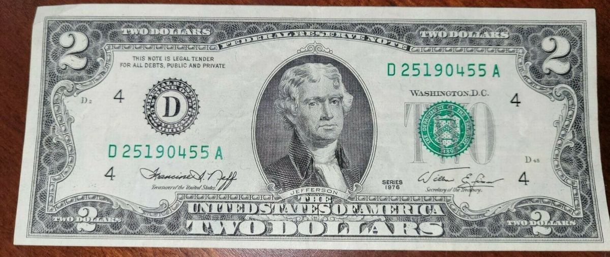 $2 Bill Thomas Jefferson Rare 1976 United States Currency Series D