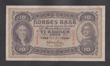 🔴NORWAY  10 Kroner 1942   XF  P-8c   WWII banknote🔴