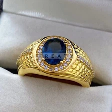 Blue Sapphire Oval Cut With 925 Sterling Silver Gold Plated Ring For Men #212