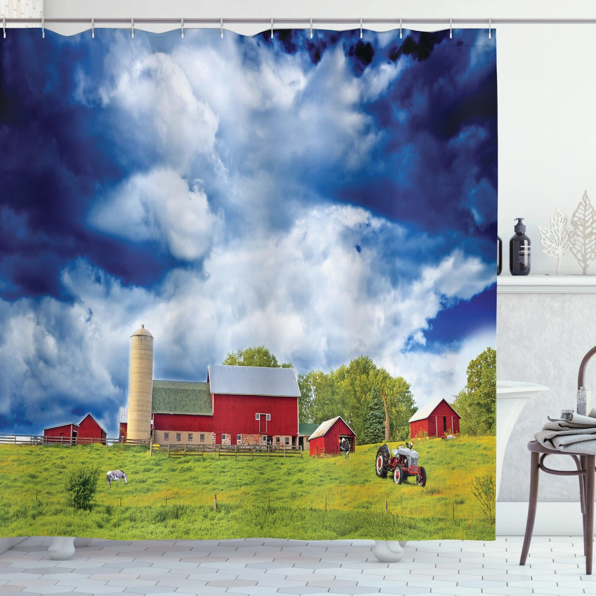 Country Shower Curtain Warehouse Barn Scenery Print for Bathroom