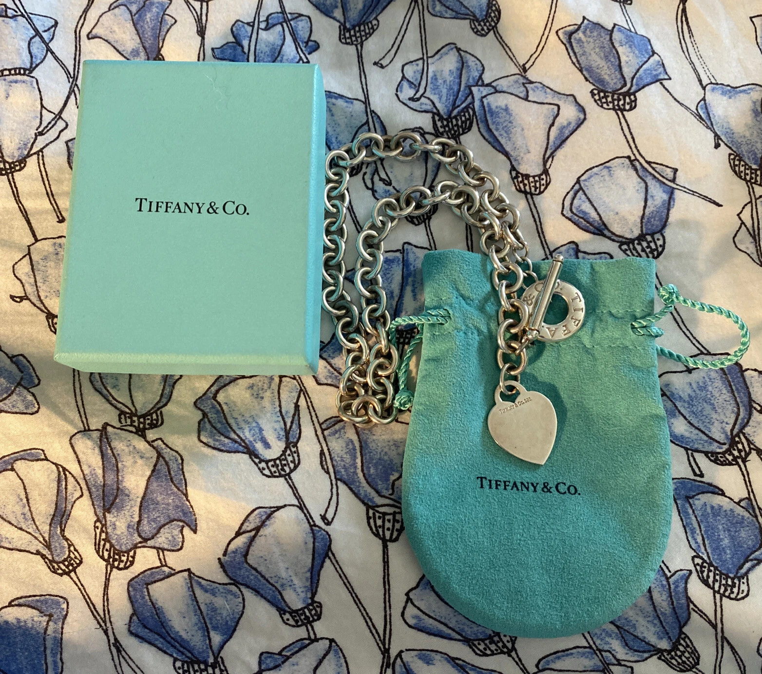 16" Tiffany & Co Blank Heart Tag Toggle Necklace in Sterling Silver Box & Pouch