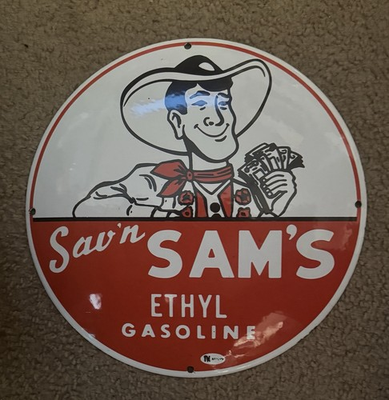 #ad Sav’n SAM’S Ethyl Gasoline 12” porcelain metal sign Oil Gas Pump Plate $72.00