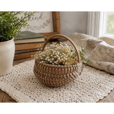 Vintage Mini Buttocks Basket Handwoven Primitive Gathering Basket Wood Handle