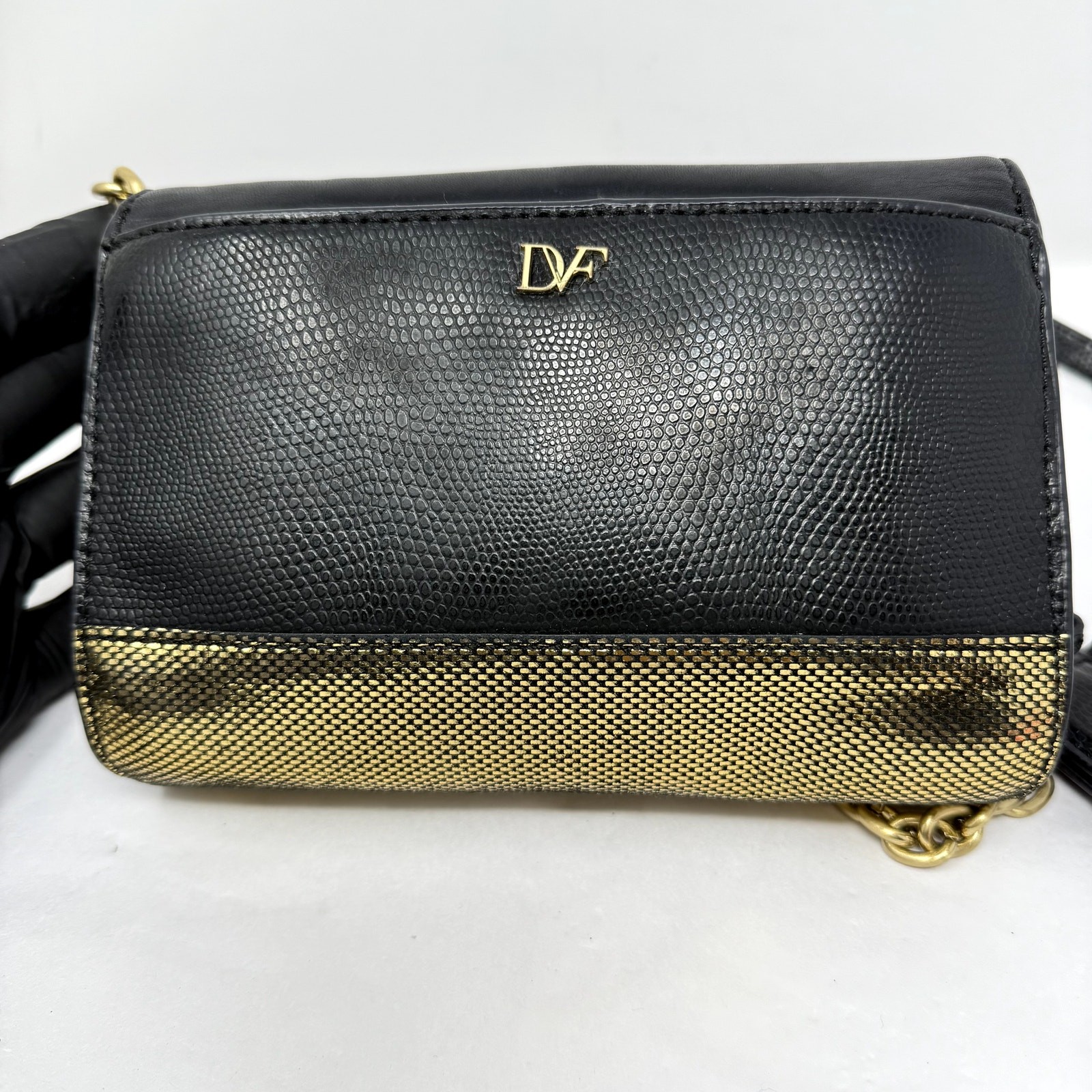 Vintage DVF Black Leather Gold Lips Chain Crossbody Bag Y2K Rare image 10
