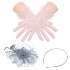 Fascinators Hat Clip Set with Hair Clip and Short Floral Lace Gloves Silver Gray