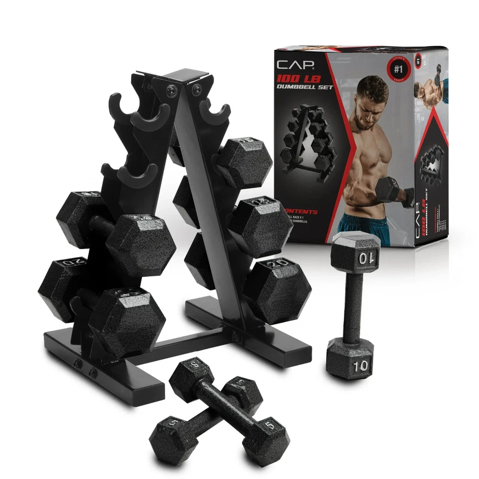 Cap Barbell 100 lb Cast Iron Hex Dumbbell Weight Set with Rack, Black - Image 3 of 4
