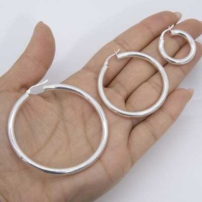Hoop Earrings Plain Polished Round 4mm 925 Sterling Silver All Sizes