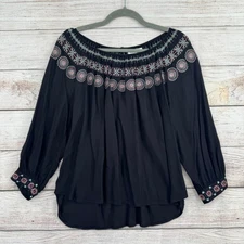 Velvet by Graham and Spencer Embroidered Boat Neck Blouse Womens Small Black