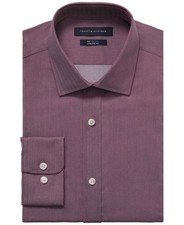 Tommy Hilfiger Mens TH Flex Cool Athletic Fit Dress Shirt Burgundy 14.5in 32/33