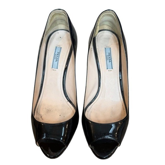 Prada Women's Size 38 Peep Toe Pump Heels Black Patent Leather Classic Luxury thumbnail 8