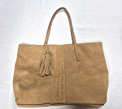 Kohls Faux-Suede Purse Tan Zip-Pockets-Inside/Outside Snap-Close Tassles