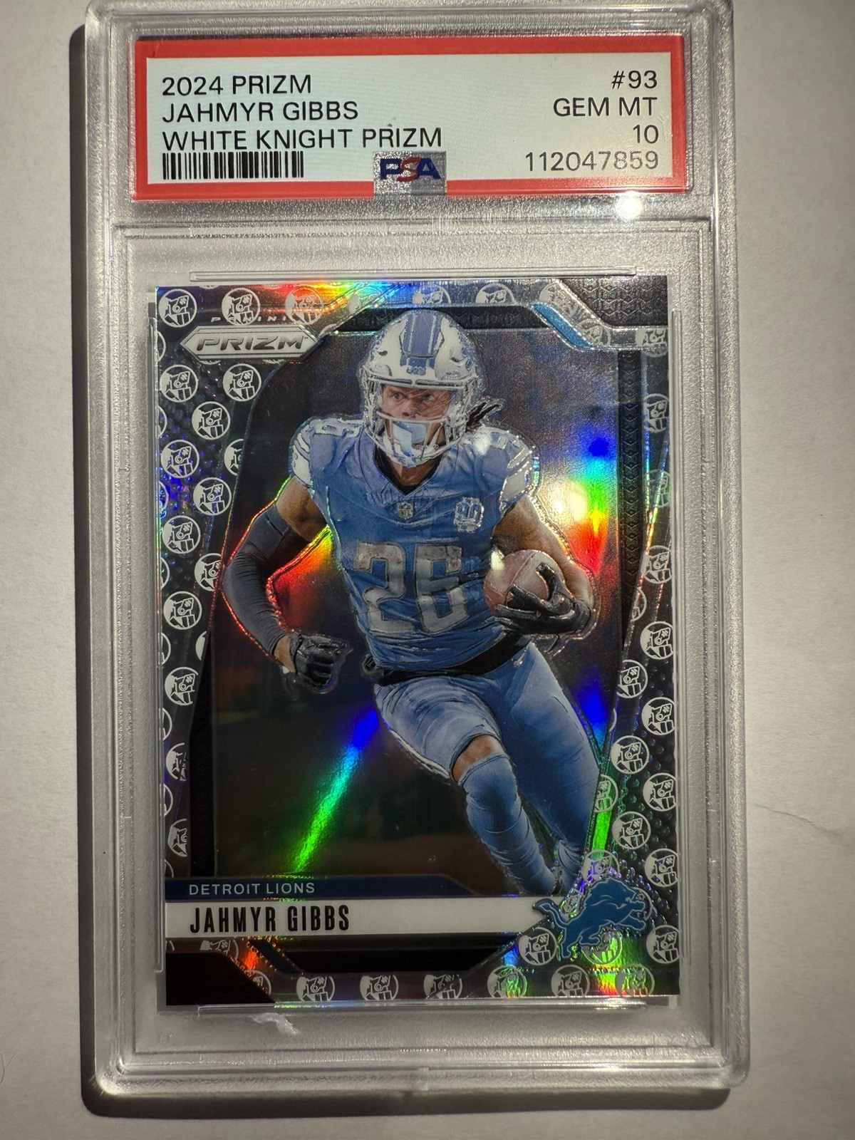 2024 PANINI PRIZM #93 JAHMYR GIBBS WHITE KNIGHT PRIZM 3/3  - POP 1 PSA 10 🔥🔥