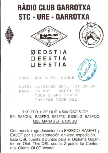 RADIOAMATORE VINTAGE CQ QSL QSO CARD ED5TIA TABARCA ISLAND 1989 - Foto 2 di 2