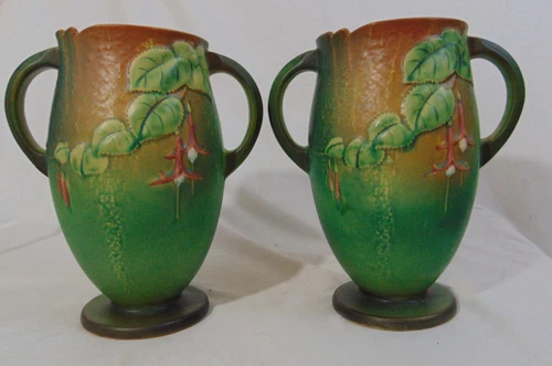 2 Roseville GREEN Vases 901-10" Art Pottery FUCHSIA