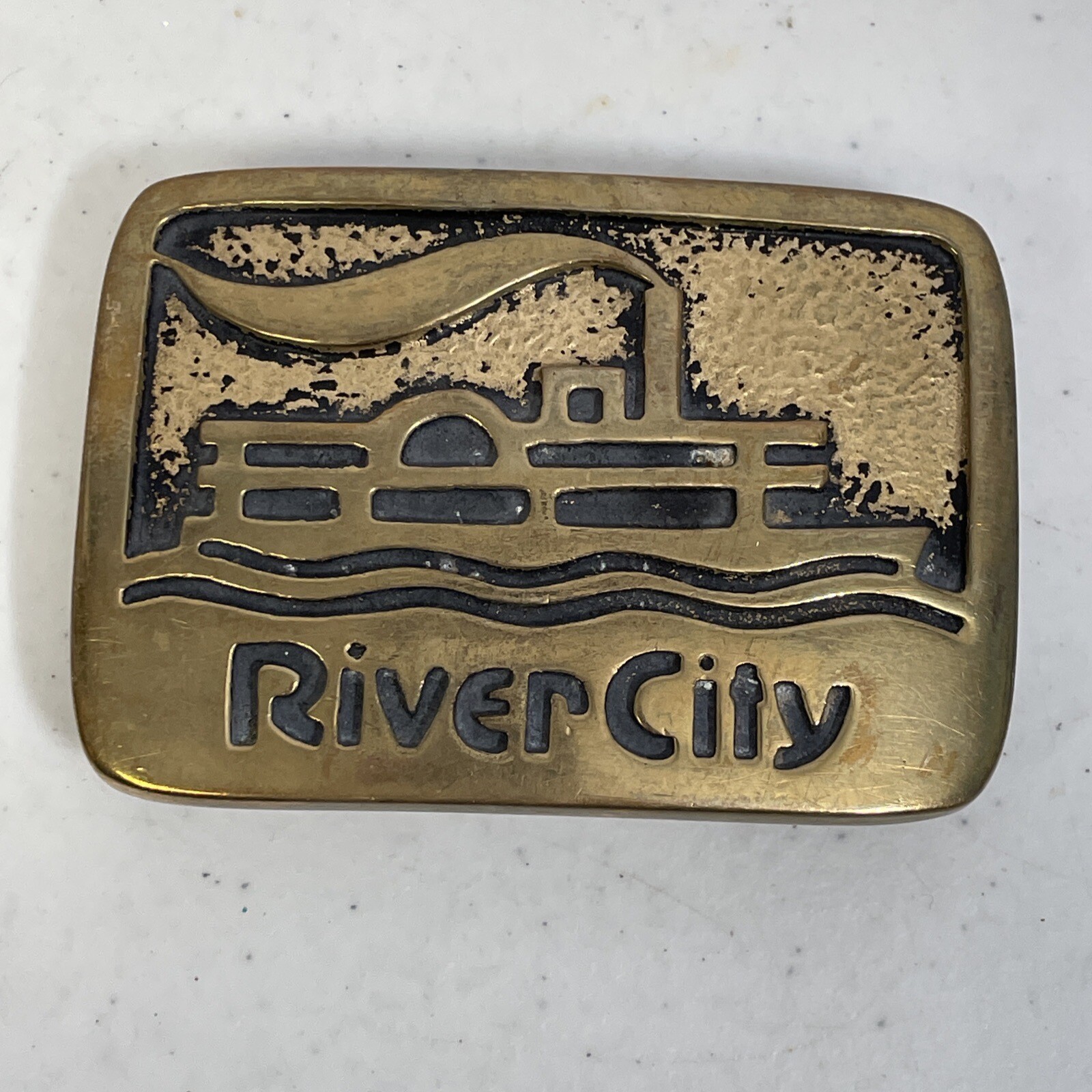 VINTAGE SOLID RECTANGULAR BROONZE RIVER CITY BELT… - image 1