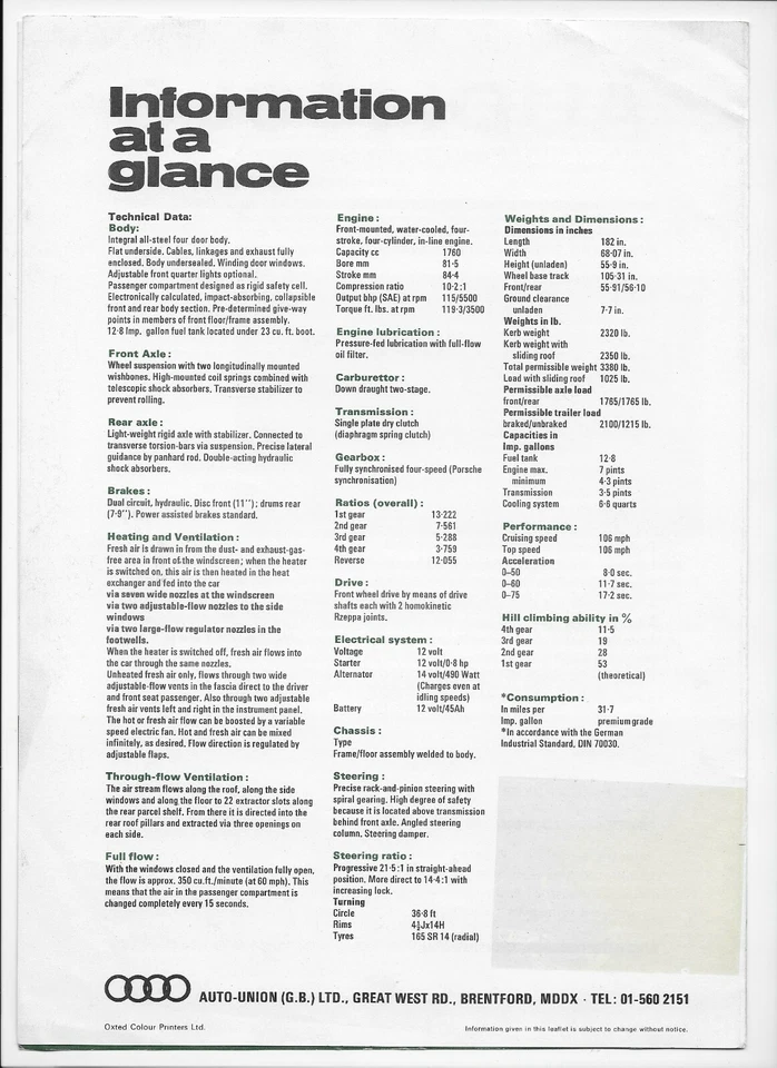 1969 Audi 100 LS car brochure + Audi price list, dated October 1969 - Image 4 of 4