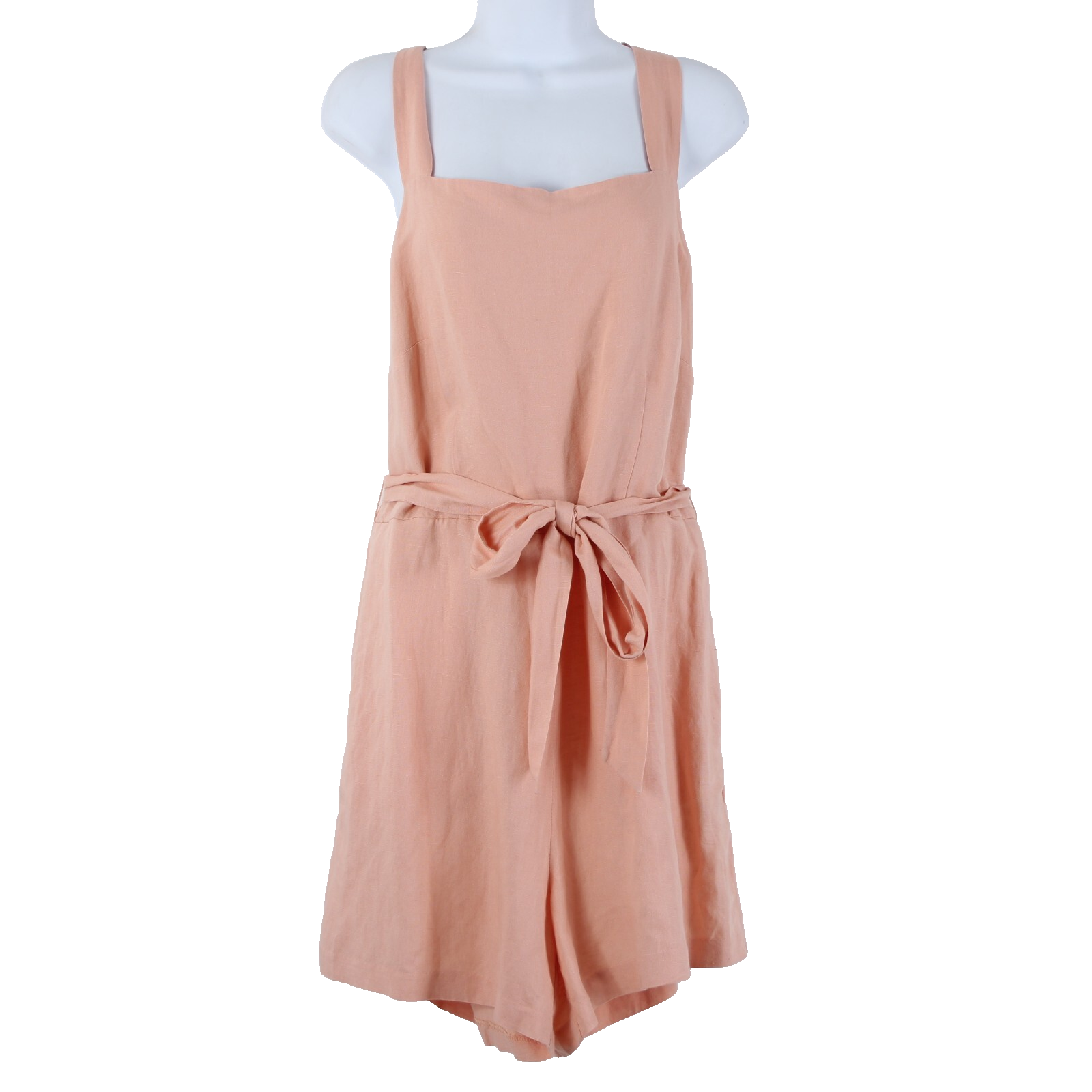 HM NEW $35 Sz L Peach Pink Belted Pockets Square Neck Linen Viscose Romper-image