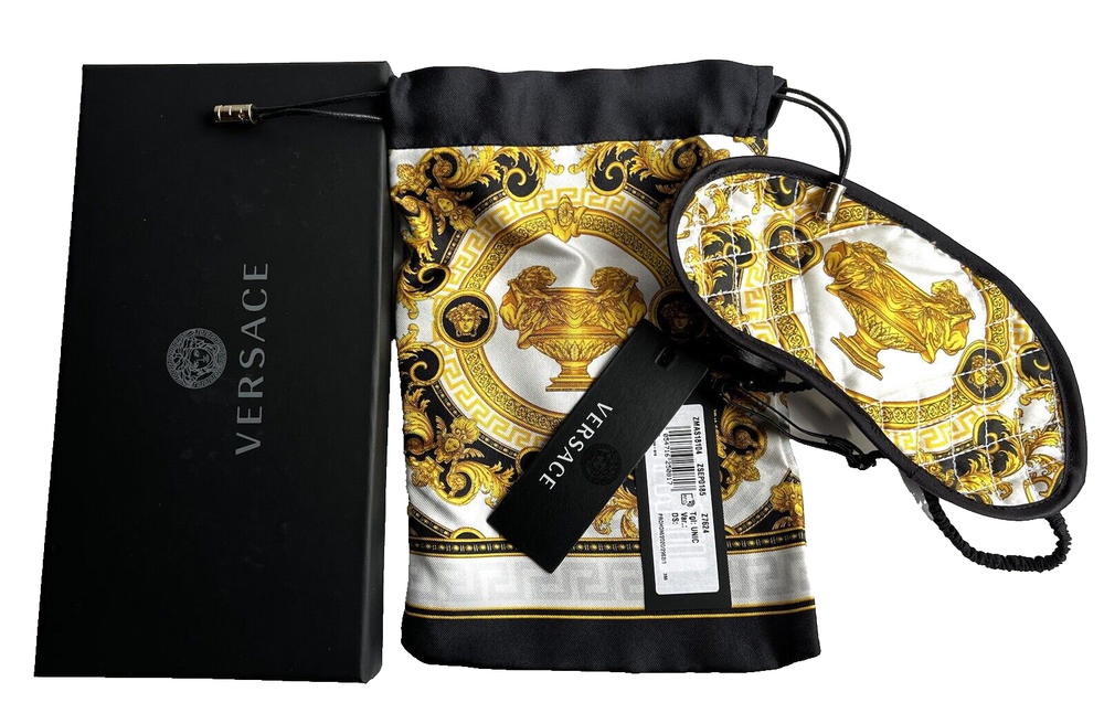 VERSACE $275 Barocco & Robe Medusa Lion Silk Eye Mask W/Case in Gift Box Wh/Gold
