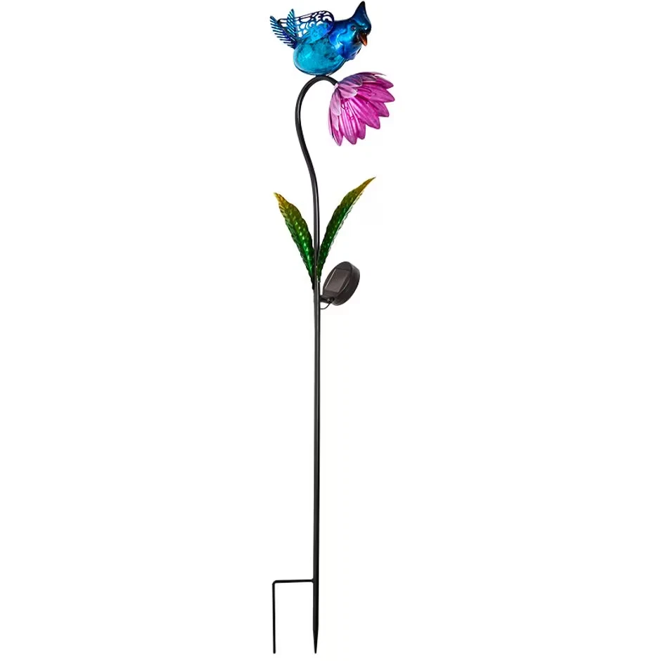 Pássaro azul iluminado solar de 3 pés de altura com flor roxa estaca de jardim de metal ao ar livre - Imagem 3 de 3
