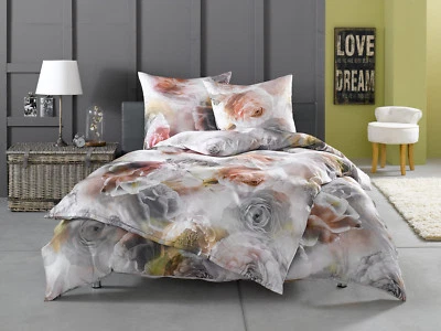 Edle Mako Satin Rosen Bettwäsche grau rosé 100% Baumwolle Bettwaesche-mit-Stil - Bild 1 von 4