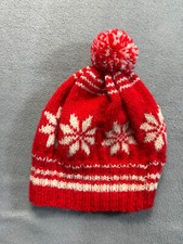 Vintage red knit nordic style pom pom hat winter knit red beanie